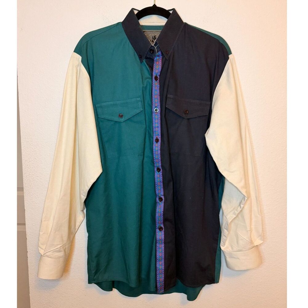 Spindle River Classics Vintage Western Shirt Mens L Color Block Teal Navy Cowboy